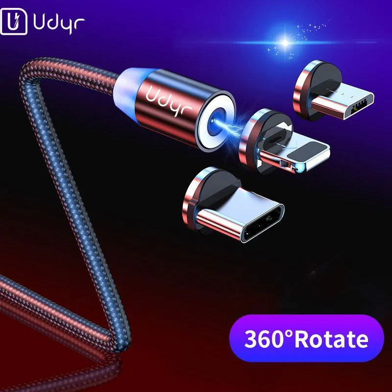 Magnetic data cable with detachable Android, Apple, and Type-C heads in black, red, and silver.