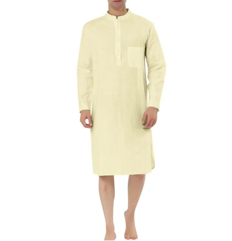 Men's simple cotton shirt robe with pocket available in white black and blue sizes S to XXL