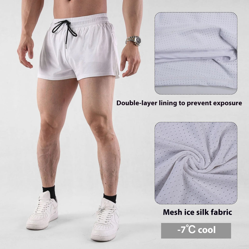 Men's black nylon quick-drying summer shorts laid flat, showing mid-waist and shorts length design.
