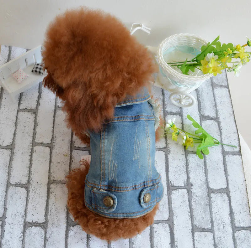 Denim pet dog vest with scratch pattern design in dark and light colours for small breed dogs