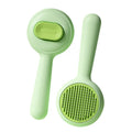 Green and yellow pet grooming brushes with stainless steel comb teeth and non-slip handles.