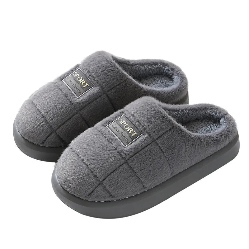 Men's brown rabbit hair winter slippers with thick EVA soles and artificial wool lining