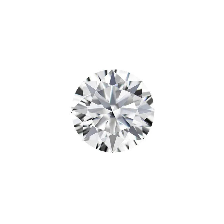 Round brilliant cut moissanite gemstone showing eight hearts and eight arrows pattern on a neutral background.