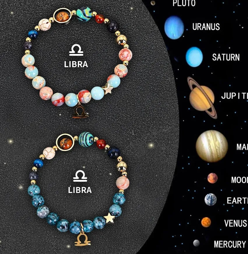 Set of two natural stone beaded bracelets for twelve zodiac signs on a wooden surface.