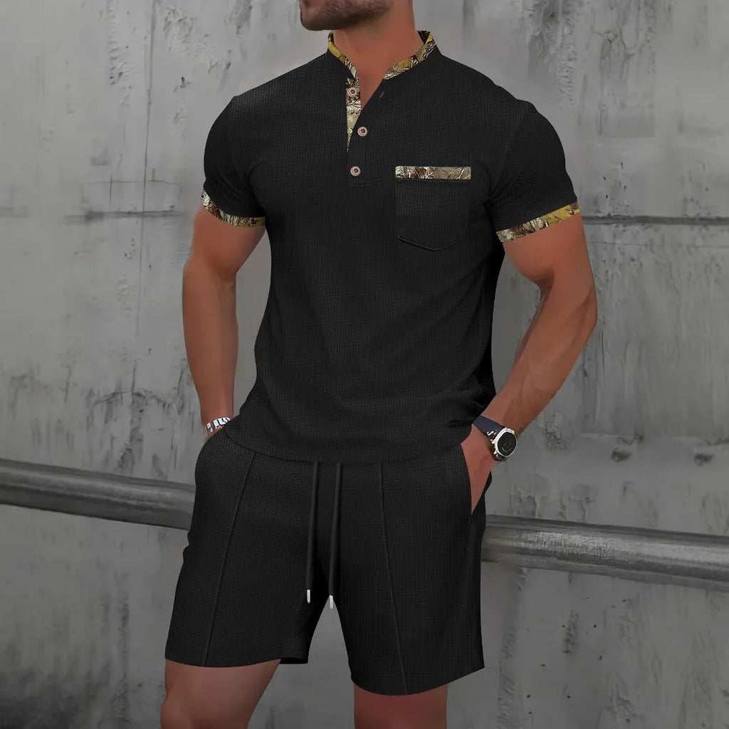 Men's grey cotton blend short sleeve zip-up jacket with matching shorts summer suit