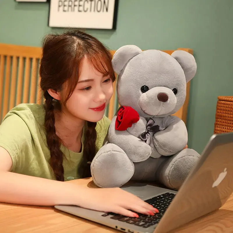 Rose bear plush stuffed animal doll in beige, brown or grey with cartoon design