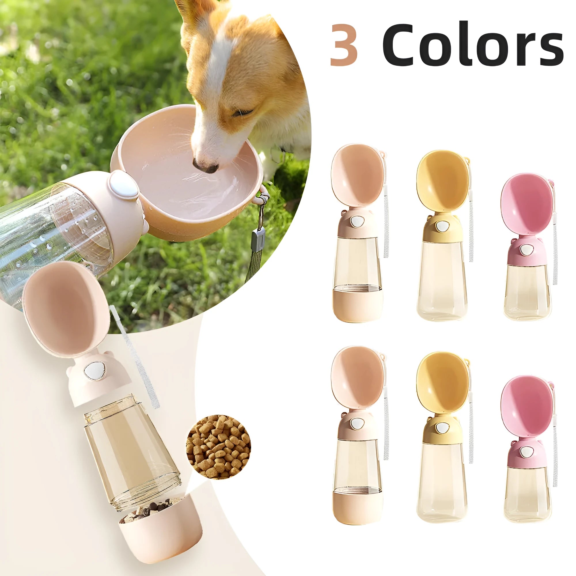 3086 model portable dog water bottle and feeder bowl in yellow, pink, or brown colour.