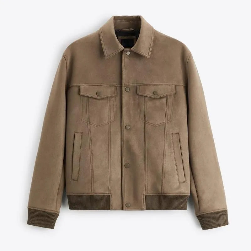 British style suede velvet commuter jacket in spandex, shown in mink and light grey colours.