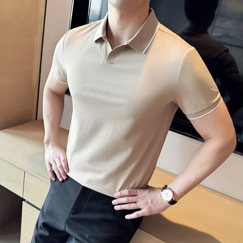 Men's short sleeve lapel collar polo shirt in a mercerised cotton blend fabric.