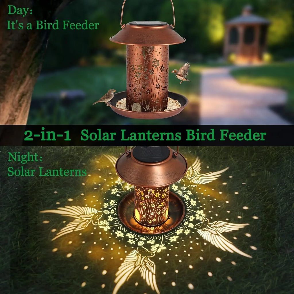 Solar-powered hummingbird-shaped bird feeder with integrated LED lighting for outdoor garden use