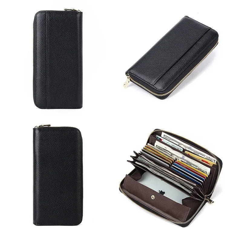 Long genuine leather women's wallet in six colours with anti-theft card swiping feature