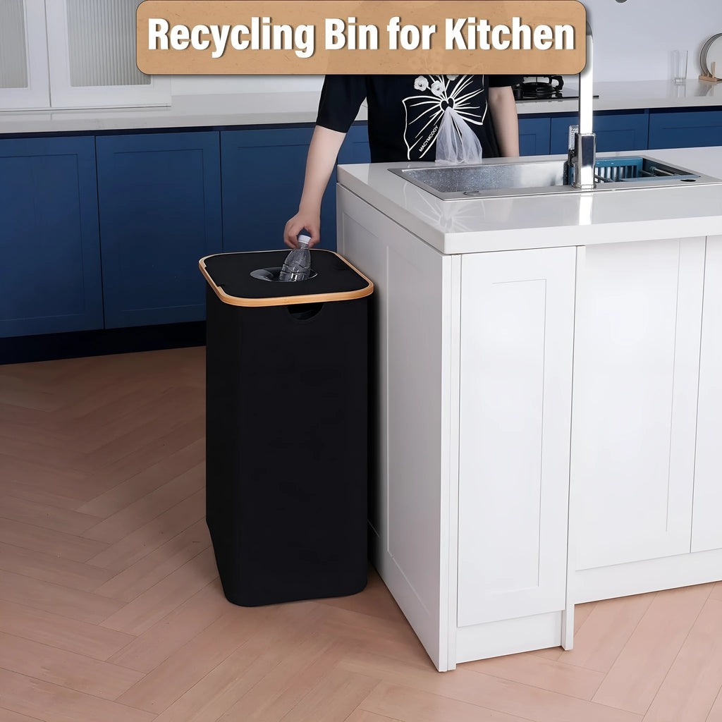 Black bamboo oxford cloth storage basket with removable lid and double inner pockets for household organisation