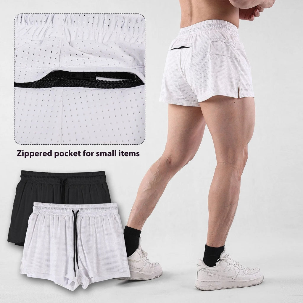Men's black nylon quick-drying summer shorts laid flat, showing mid-waist and shorts length design.