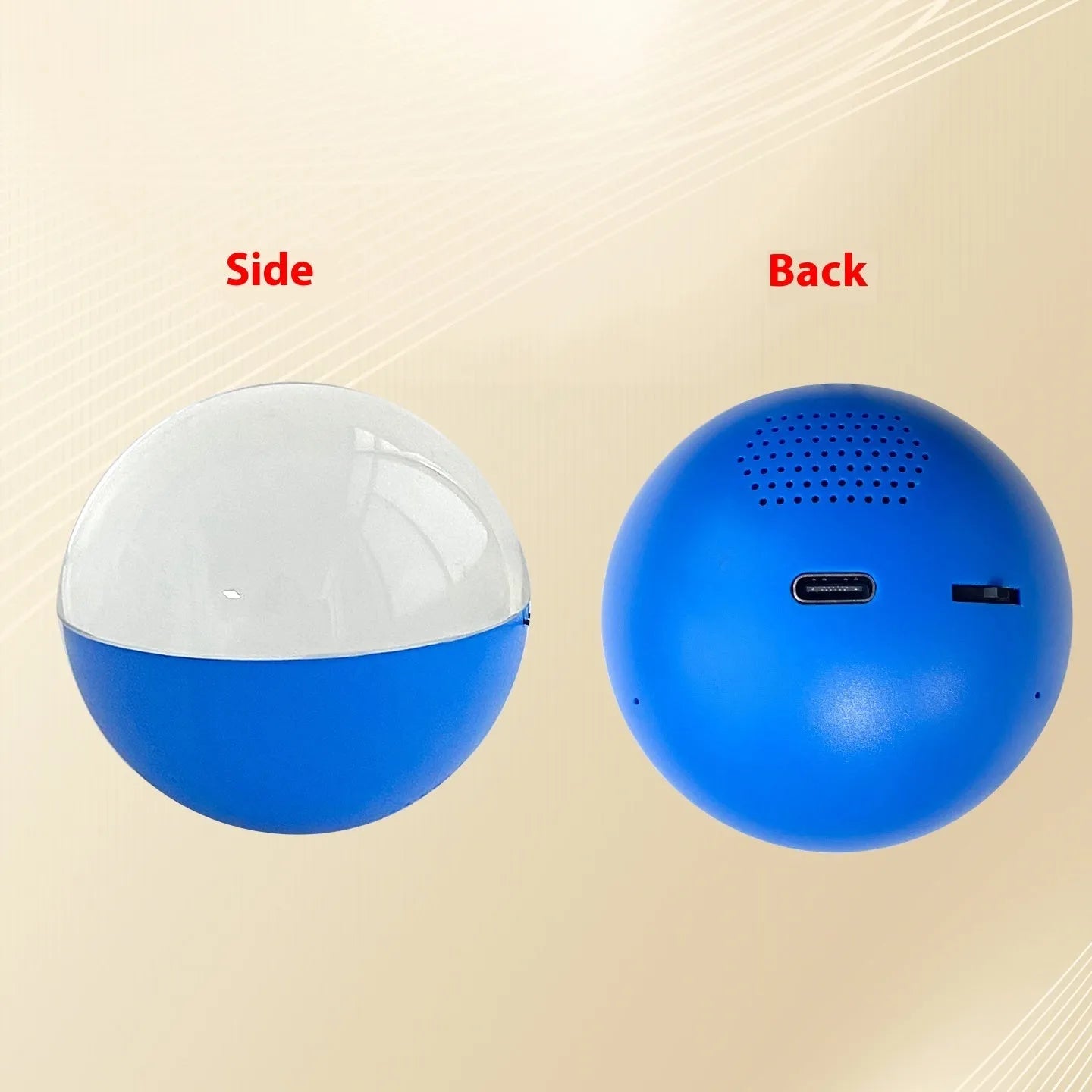 Small round electronic video player with colour screen on a plastic ball-shaped device.