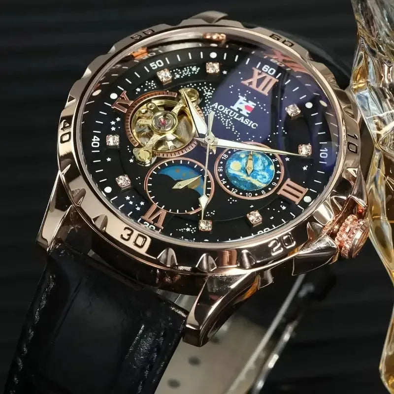 Men's black and rose gold automatic watch with hollow skeleton dial on a leather strap.