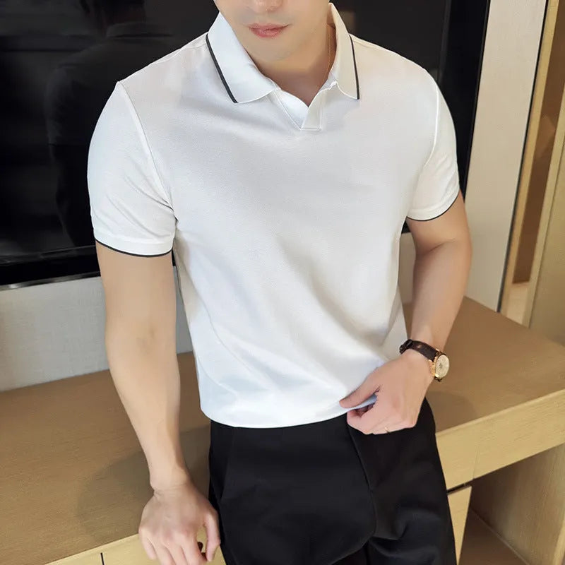Men's short sleeve lapel collar polo shirt in a mercerised cotton blend fabric.
