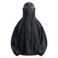 Black retro loose coat with zip front, hood, and abstract pattern design
