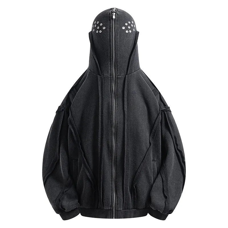 Black retro loose coat with zip front, hood, and abstract pattern design