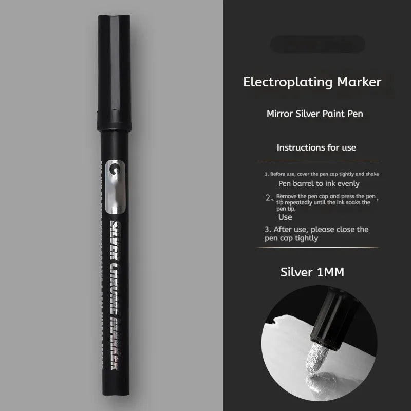Waterproof mirror marker pen with plastic body, shown with 1mm and 2mm tip size options.