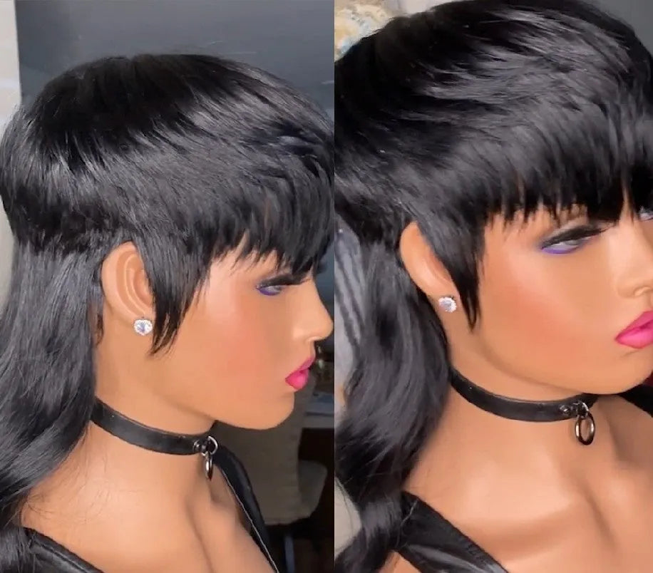 Black Brazilian synthetic wig with bangs and a front short, back long layered hairstyle.