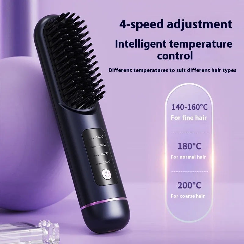A portable negative ion hair straightening comb in a choice of white, dark blue, or grey colours.