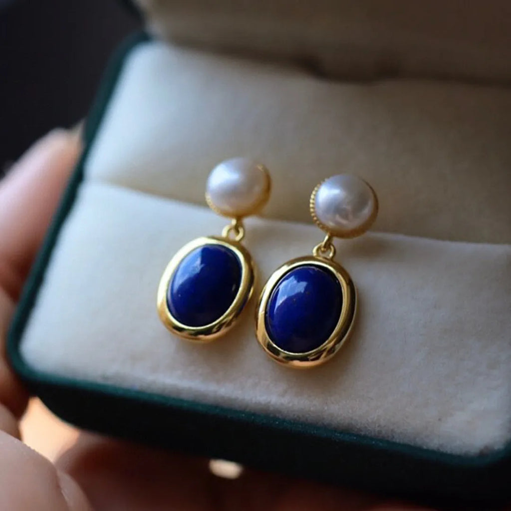 Lapis lazuli pearl drop earrings in sterling silver with auspicious pattern detailing