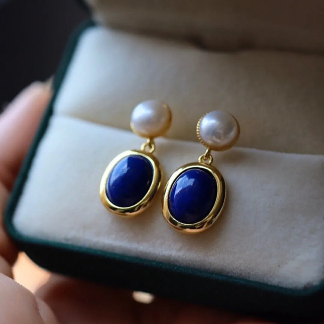 Lapis lazuli pearl drop earrings in sterling silver with auspicious pattern detailing