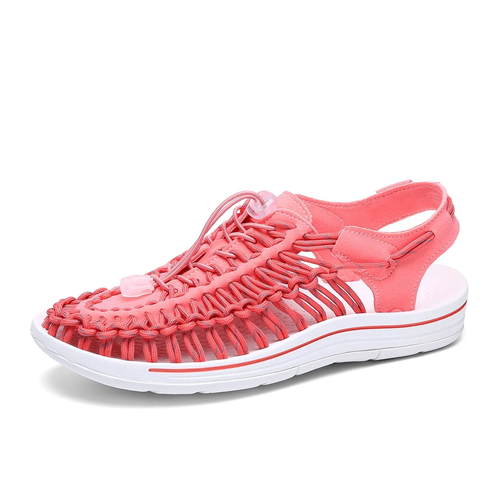 Elastic drawstring woven sandals in rainbow colour with rubber sole and baotou front design