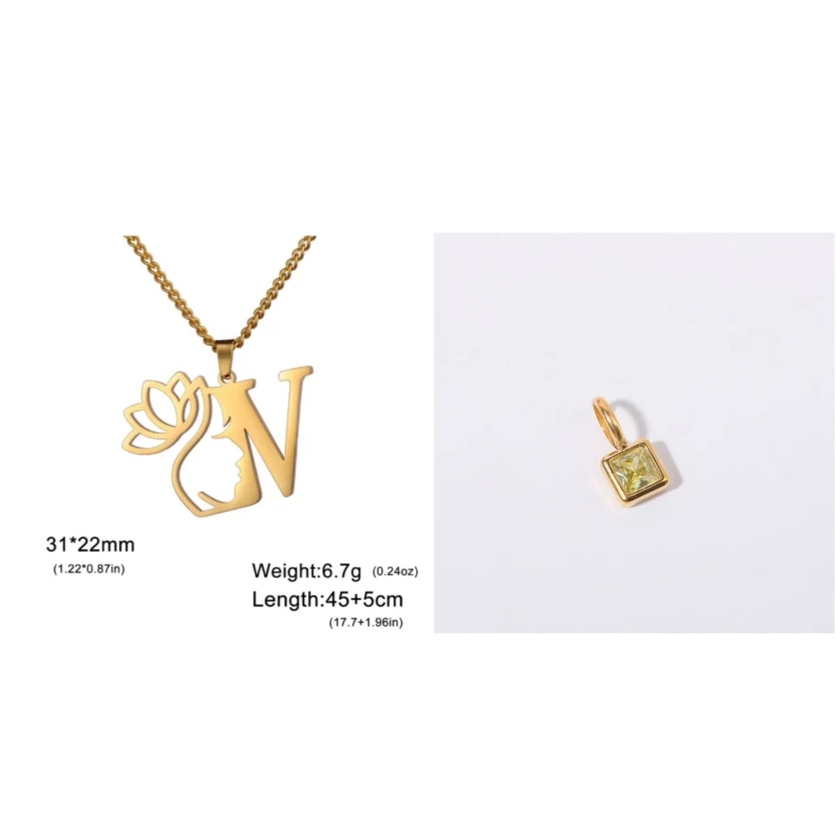 Stainless steel necklace with cross chain and a single initial letter pendant in gold tone.
