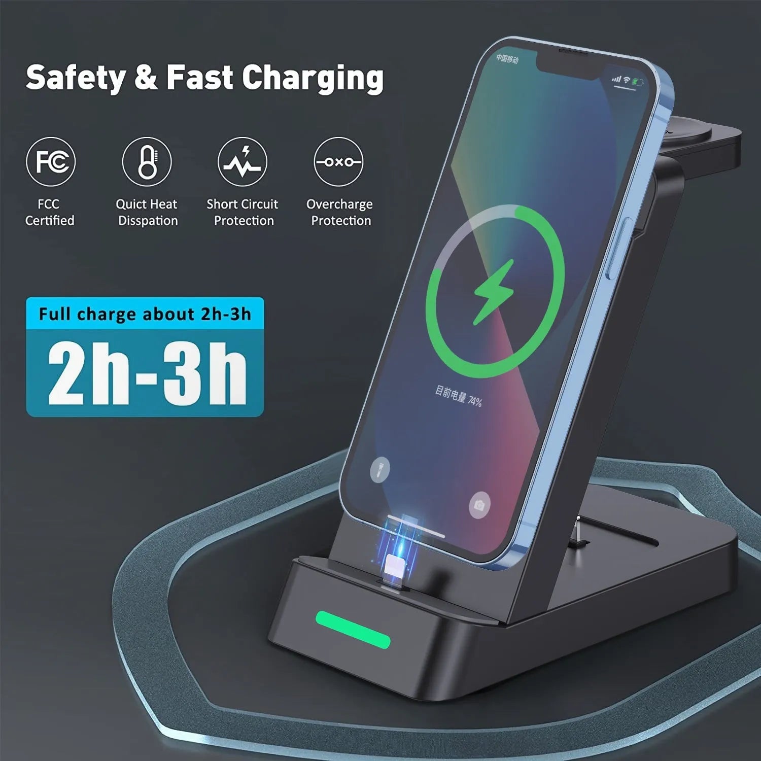 Black or white 3-in-1 wireless charging stand for phone, smartwatch and AirPods on a desk.