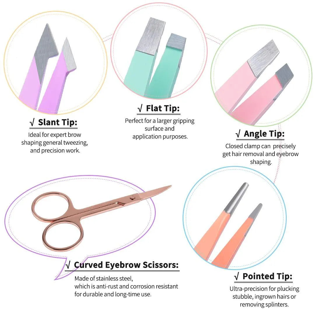 Professional 6-piece stainless steel eyebrow tweezers set with curved scissors in leather case