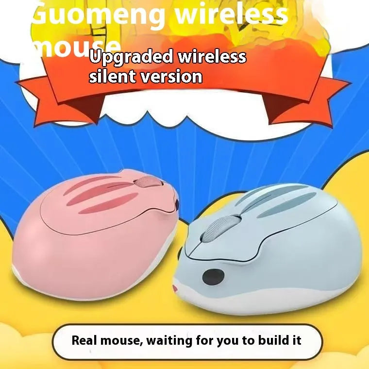 Hamster Bluetooth wireless mute mouse in yellow, pink, or gray colour showing compact 105x73x41mm size