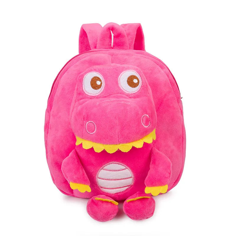 Blue soft plush dinosaur backpack for children with embroidered details and a soft carry handle.