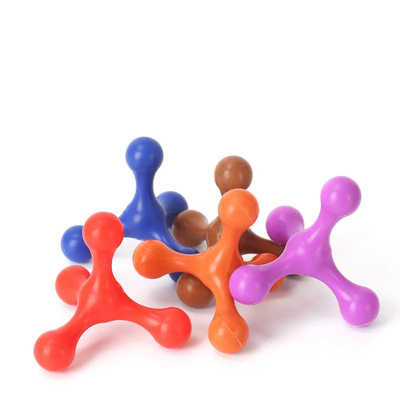 Beef-flavoured silicone three-leg chew toy for puppies in blue, green, purple, red, or red purple