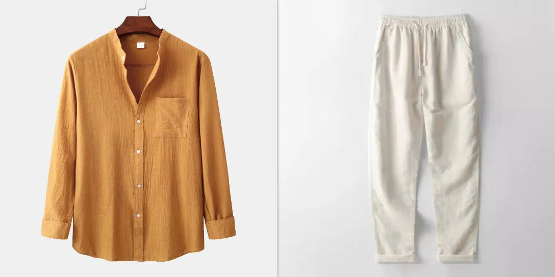 Men's brown cotton blend long sleeve shirt and trousers casual set on hanger