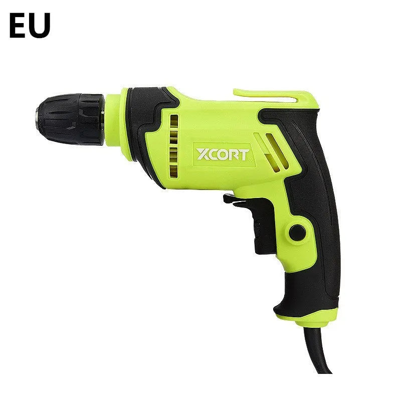 450W pistol grip electric drill with 10mm chuck on a workbench.