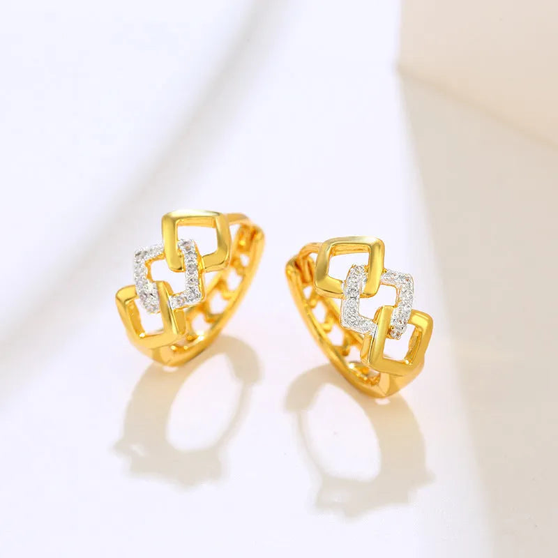 Geometric gold alloy earrings with hollow-out design and clip-on fittings