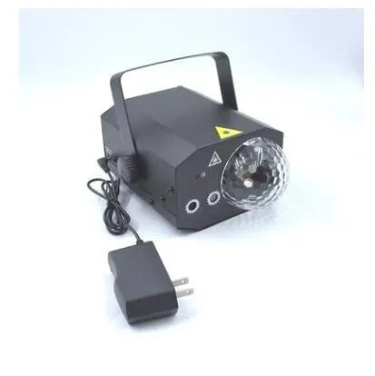 Black and white LED laser magic fan stage light with remote control on a dark background.