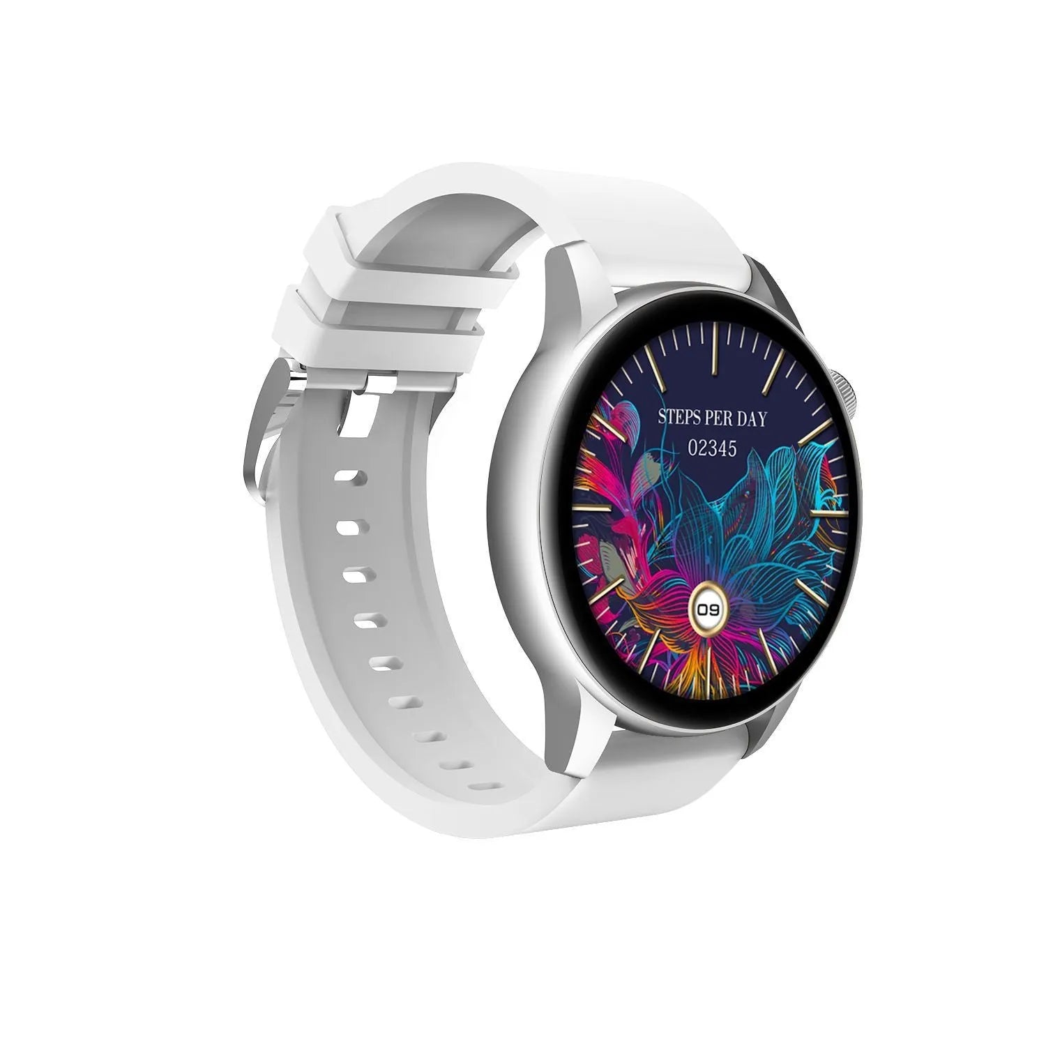 Silver smart watch with a round stainless steel case and a colour touch screen displaying a watch face