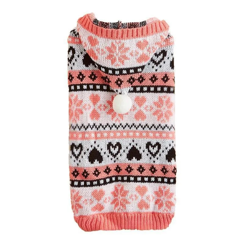 Pink knitted dog sweater with snowflake, love, stripe, and camouflage pattern on a small dog