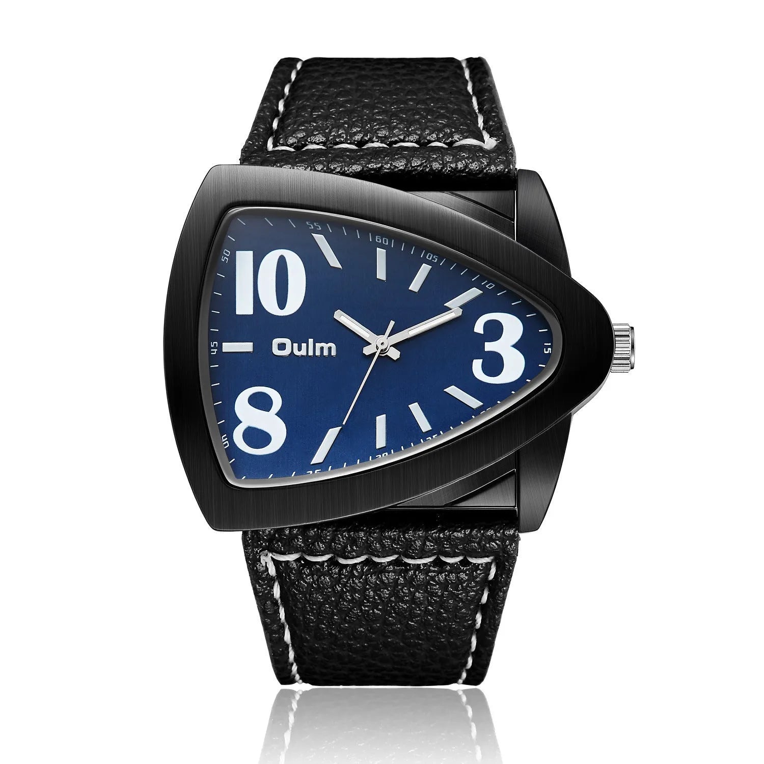 Men's casual triangle pattern leather strap quartz watch with 9mm slim profile