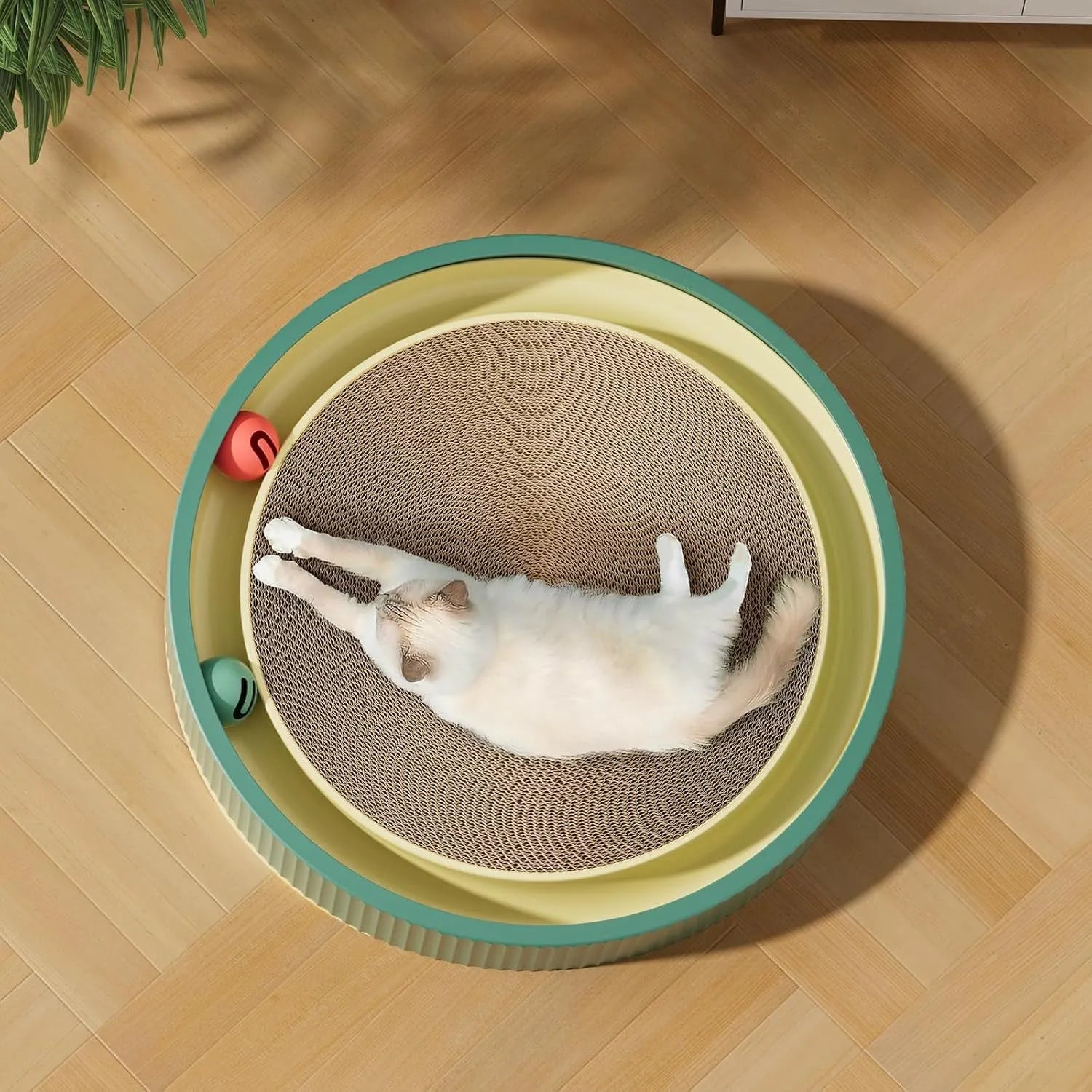 Large circular cardboard cat scratching board with integrated bell toys and refillable core