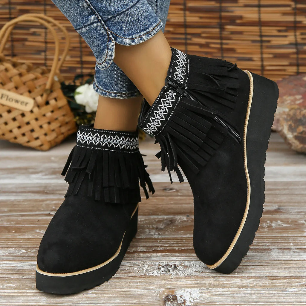 Women's suede wedge ankle boots with side zip and waterproof platform in three colour options