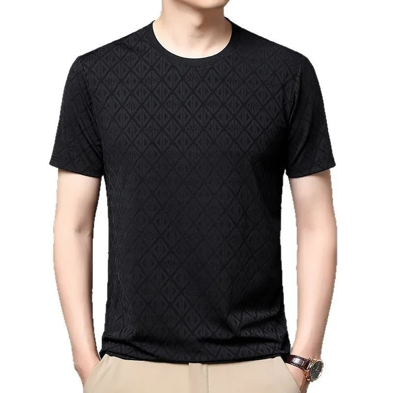 Man wearing a black loose-fit jacquard short sleeve t-shirt made from cool Ice Silk fabric.