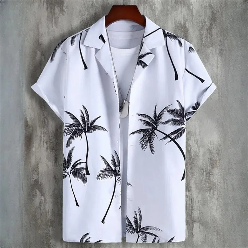 Men's loose fit camouflage pattern short sleeve cardigan shirt on a hanger.