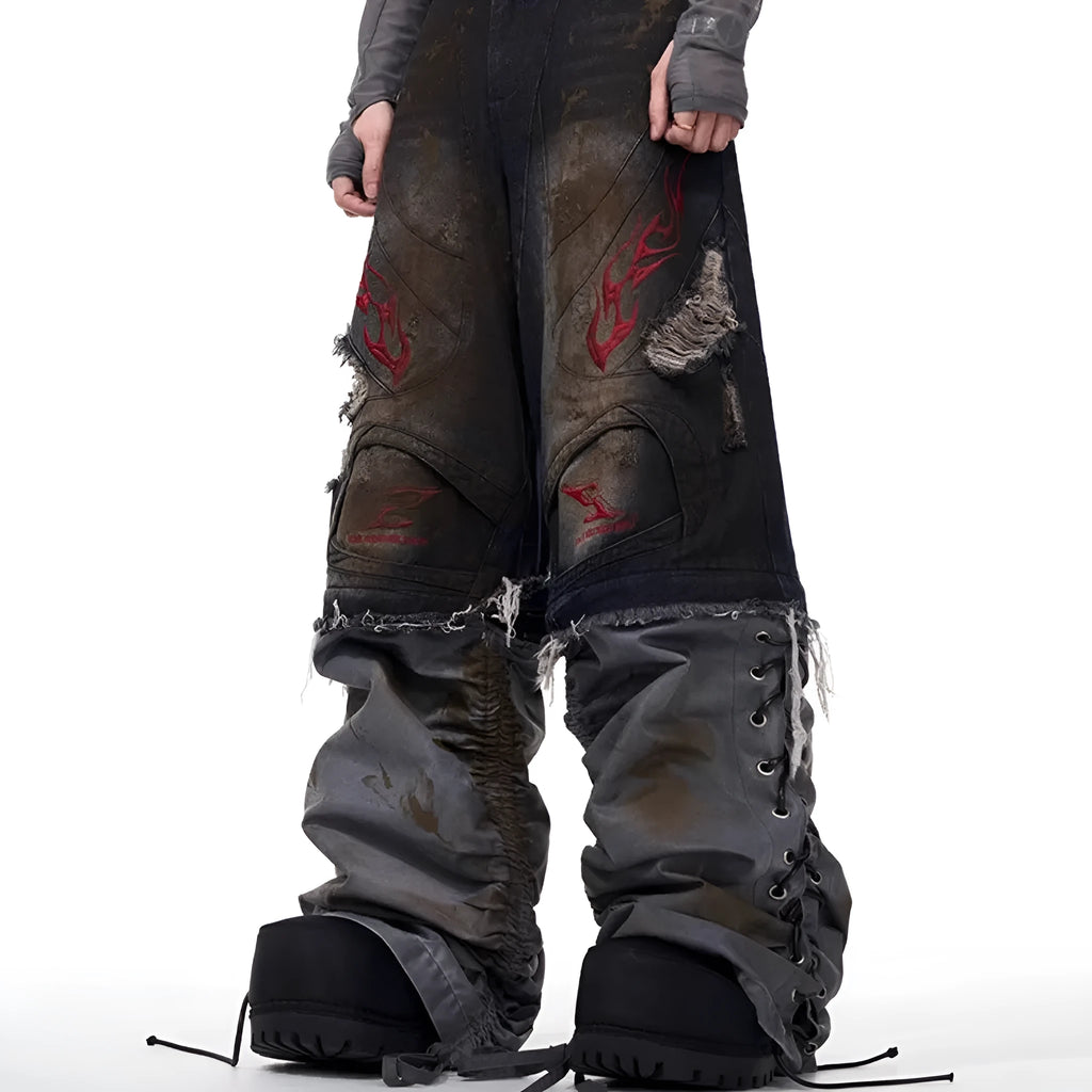 Men's retro jeans with detachable legs showing mid-high waist and loose fit wide-leg design