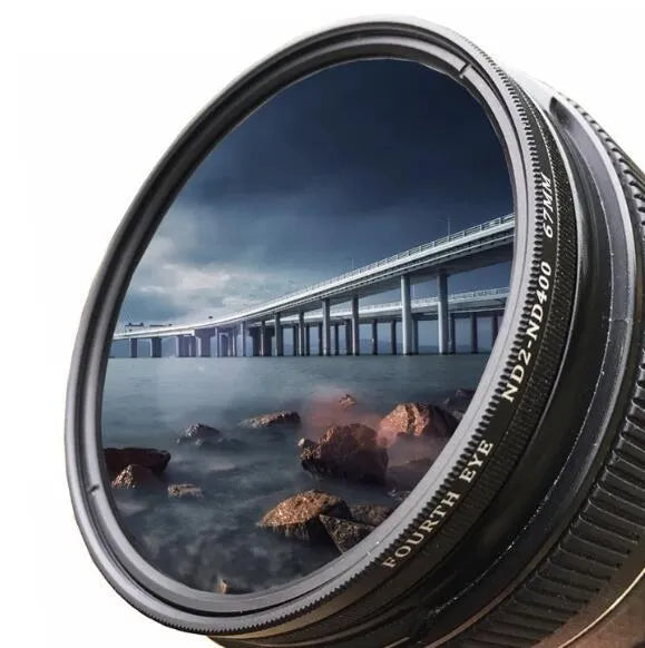 Adjustable camera ND filter kit with four density filters and a set of multi-diameter metal adapter rings.