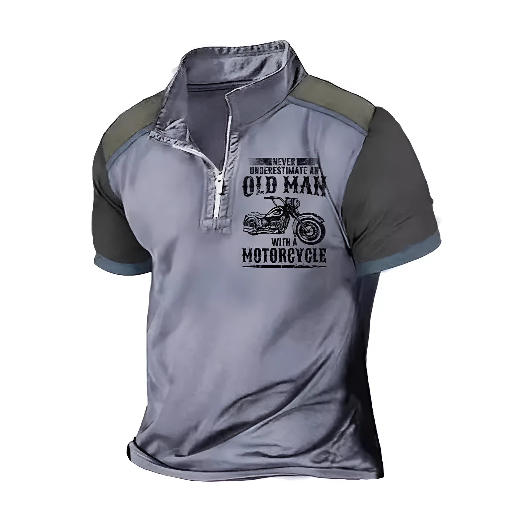 Men's casual polo shirt with digital letter print, lapel collar, and decorative zipper details on short sleeves.