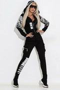 Women's black wings print casual suit set with zippered hooded top and matching trousers
