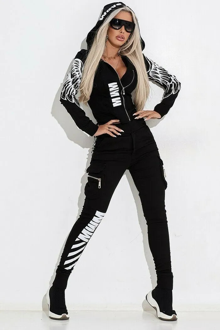 Women's black wings print casual suit set with zippered hooded top and matching trousers
